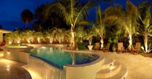 Tropical pool lit with low voltage LED lighting